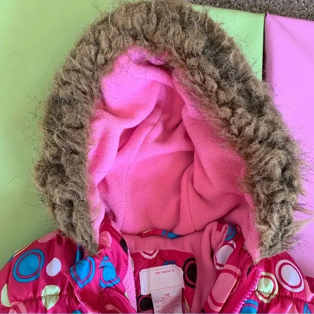 Baby Girls Pink Winter Puffer Coat Jacket Fleece Lined size 12 Months